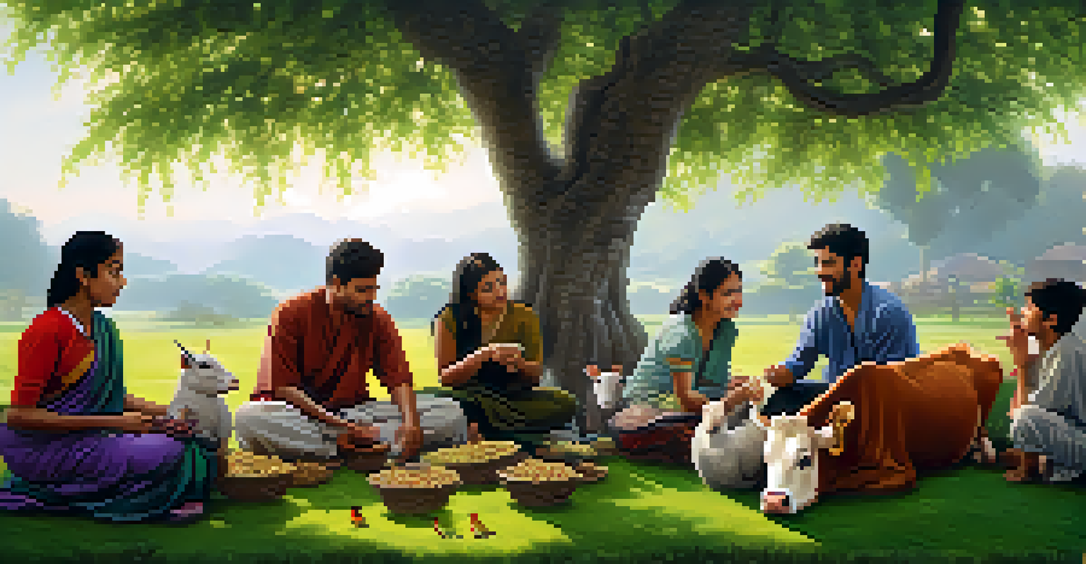 A diverse group of people demonstrating compassion towards animals in a lush green environment.