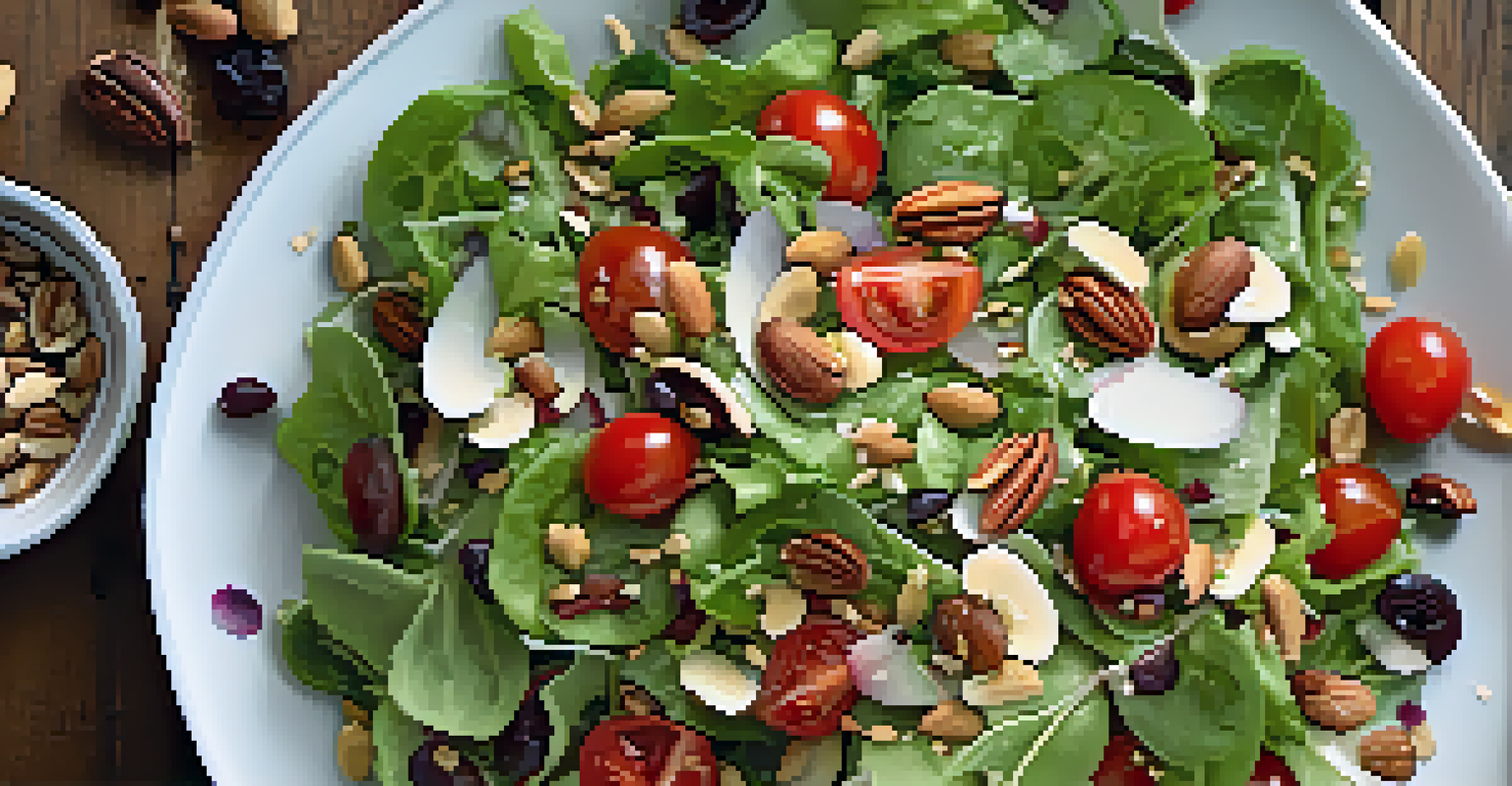 A colorful salad with greens, nuts, and seeds, topped with cherry tomatoes and vinaigrette dressing on a wooden table.