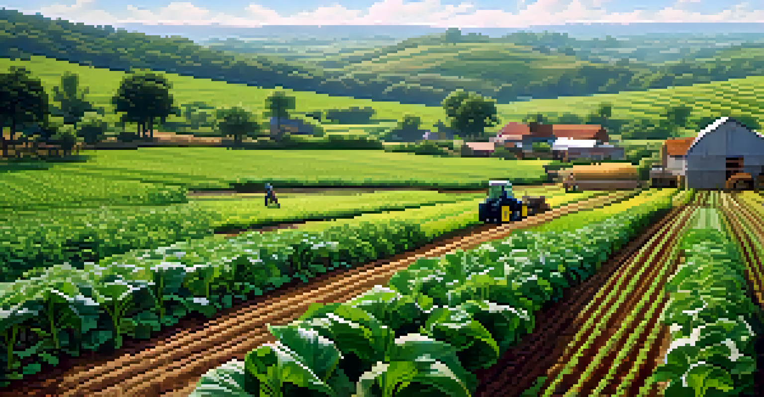 A beautiful farm landscape with diverse crops, farmers working in the fields, and a bright blue sky above.