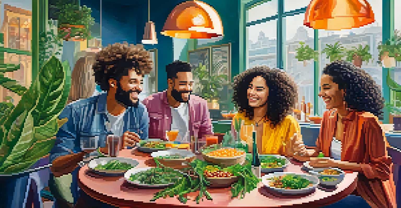 Friends enjoying a meal at a vegetarian restaurant, with colorful dishes and smiling faces, capturing the essence of shared culinary experiences.