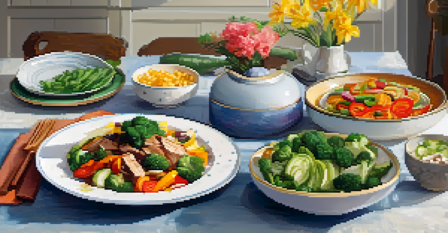A cozy dining table set for a family meal with a dish made from leftovers, surrounded by natural decor and soft lighting.