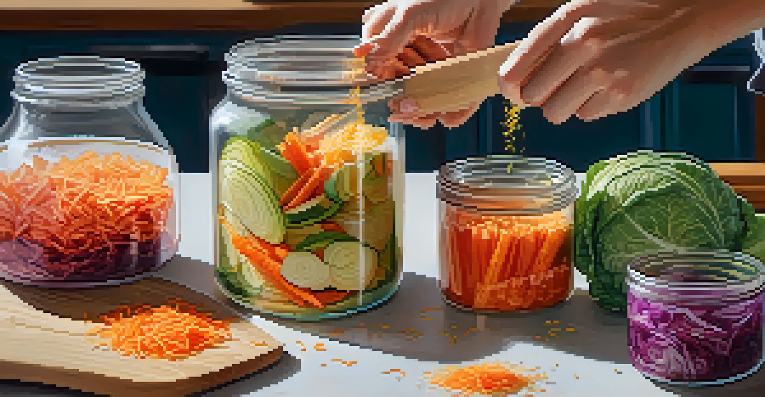 Close-up of hands packing sliced vegetables into a glass jar for fermentation.