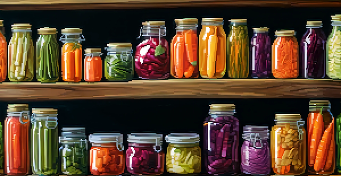A bright and colorful kitchen with jars of fermented vegetables like carrots and cucumbers, illuminated by sunlight.