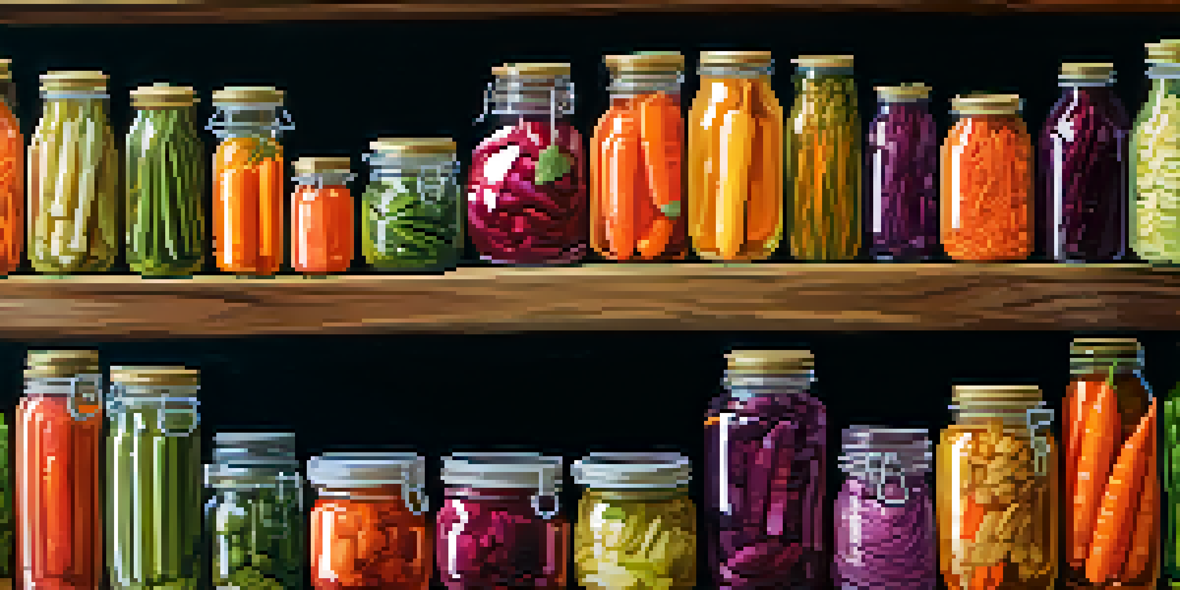 A bright and colorful kitchen with jars of fermented vegetables like carrots and cucumbers, illuminated by sunlight.