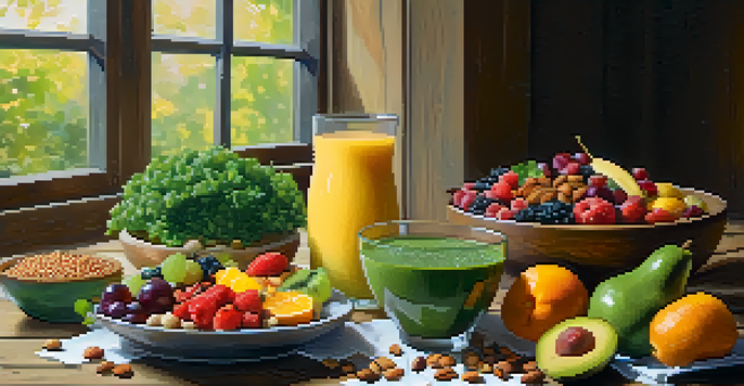 A colorful vegetarian meal on a wooden table, showcasing fruits, vegetables, and grains in natural light.