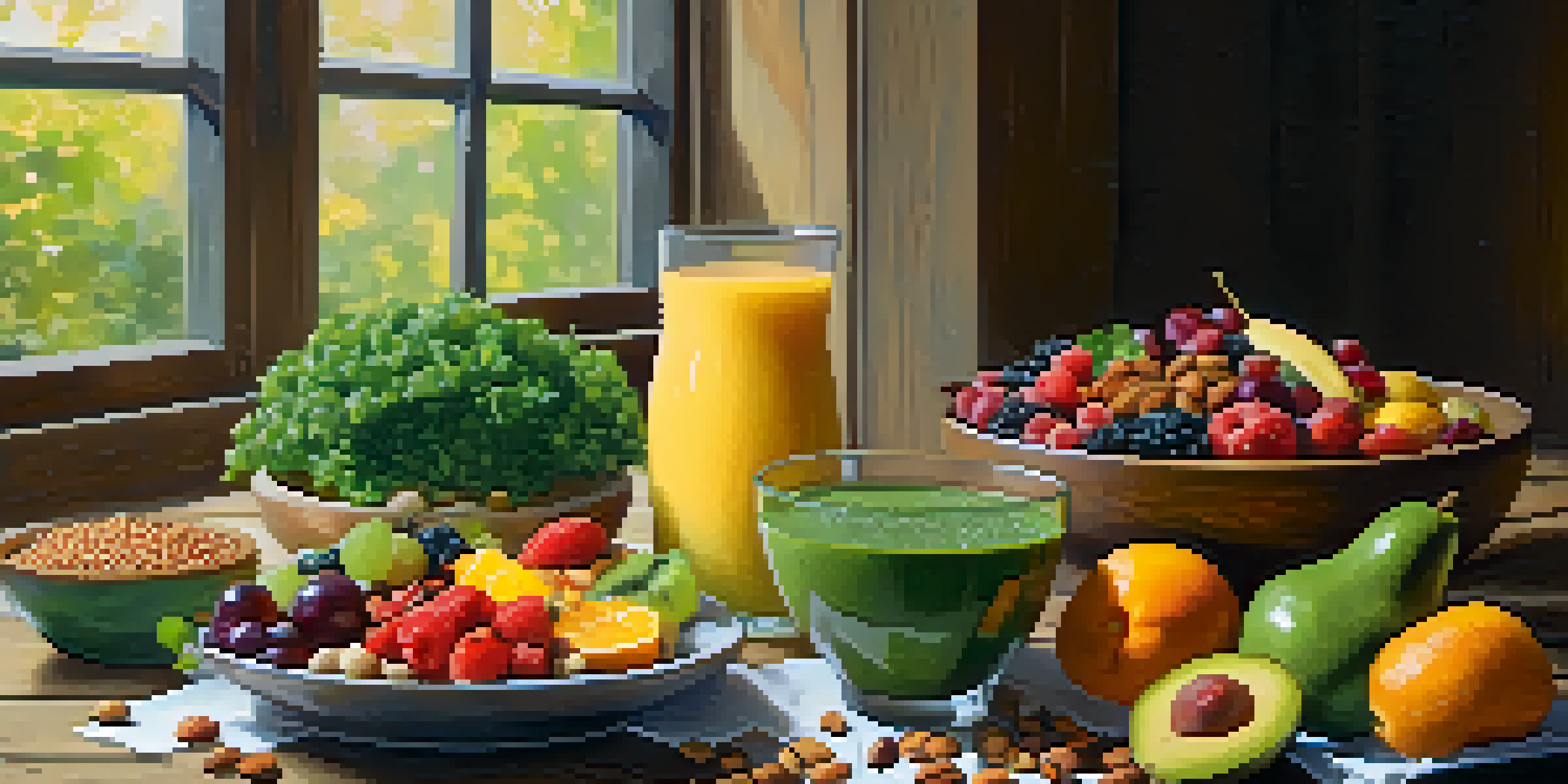 A colorful vegetarian meal on a wooden table, showcasing fruits, vegetables, and grains in natural light.