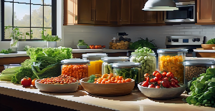 A kitchen counter with fresh vegetables and legumes, and meal prep containers filled with salads, illuminated by sunlight.