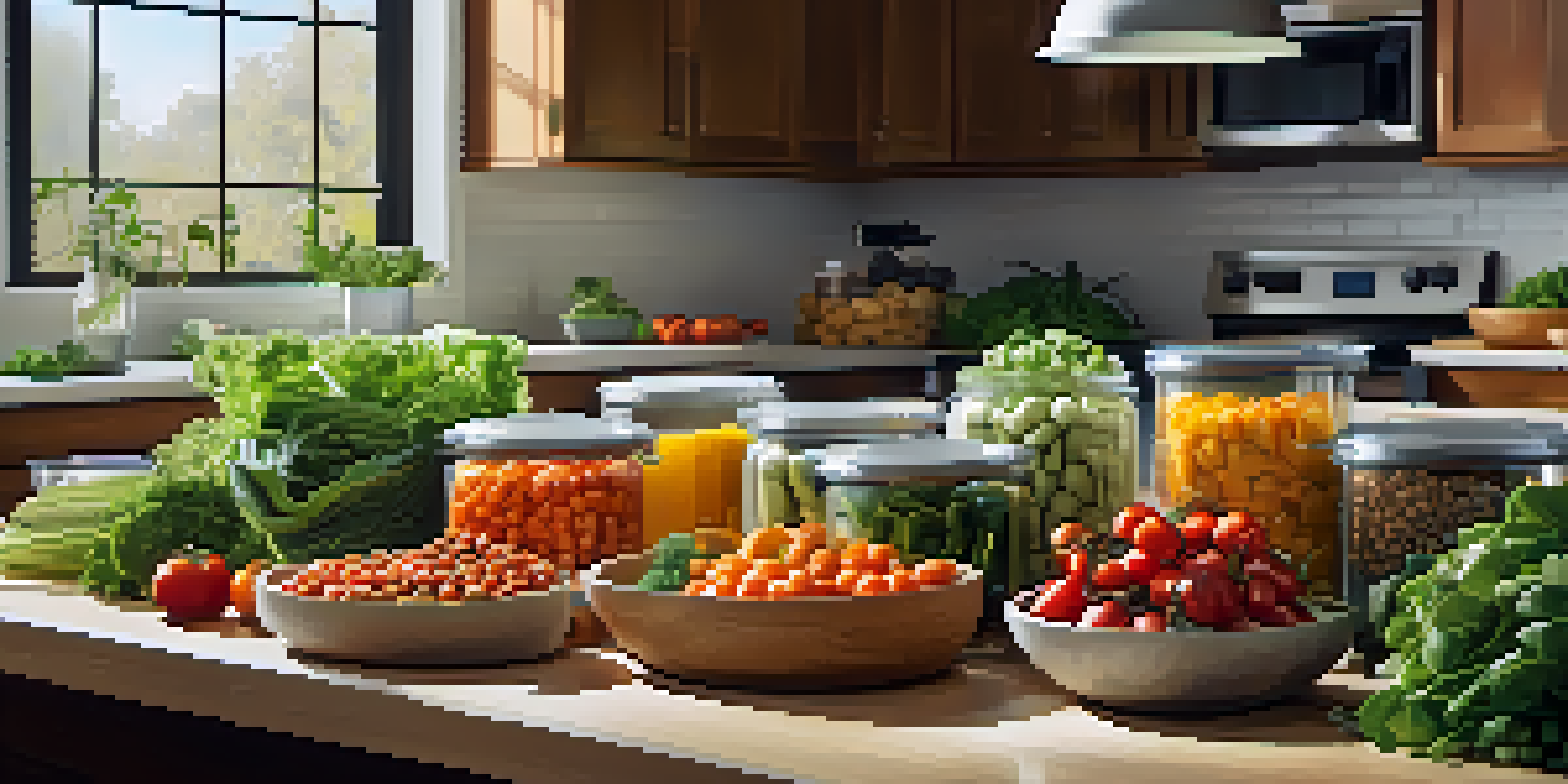 A kitchen counter with fresh vegetables and legumes, and meal prep containers filled with salads, illuminated by sunlight.
