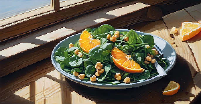 A colorful vegetarian salad with spinach, orange slices, and chickpeas on a wooden table, illuminated by sunlight.
