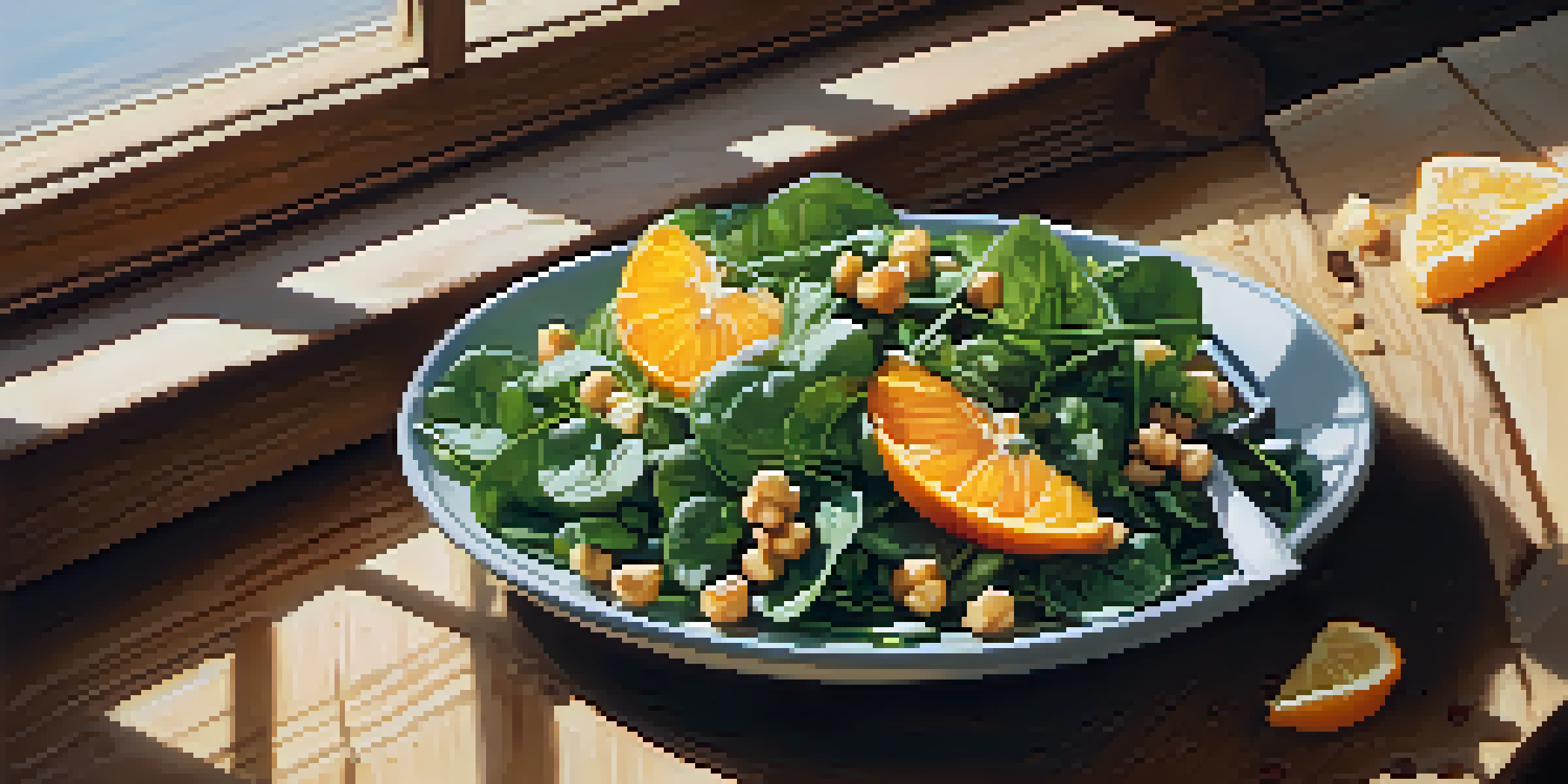 A colorful vegetarian salad with spinach, orange slices, and chickpeas on a wooden table, illuminated by sunlight.