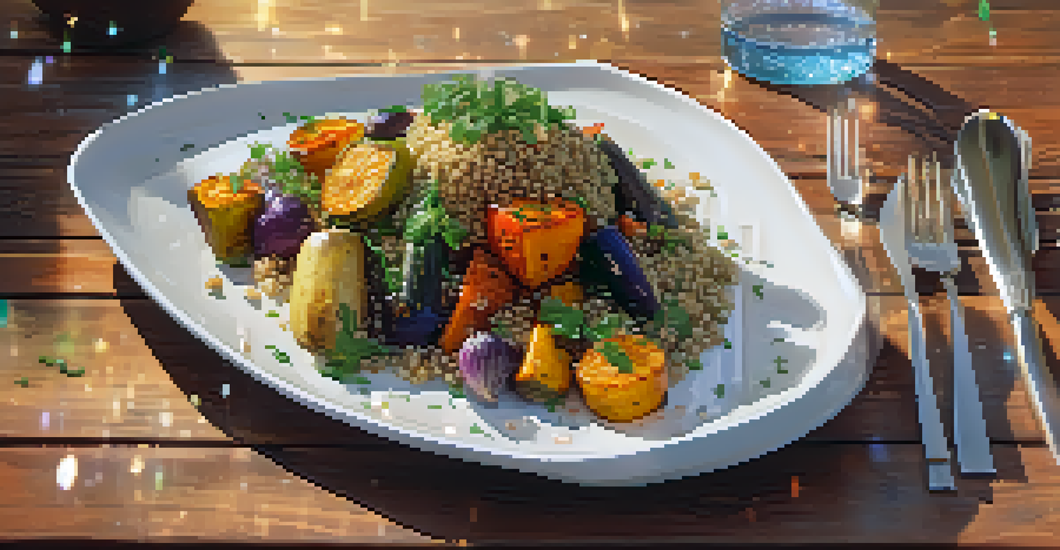 An elegantly plated vegetarian dish of roasted vegetables and quinoa on a rustic table.