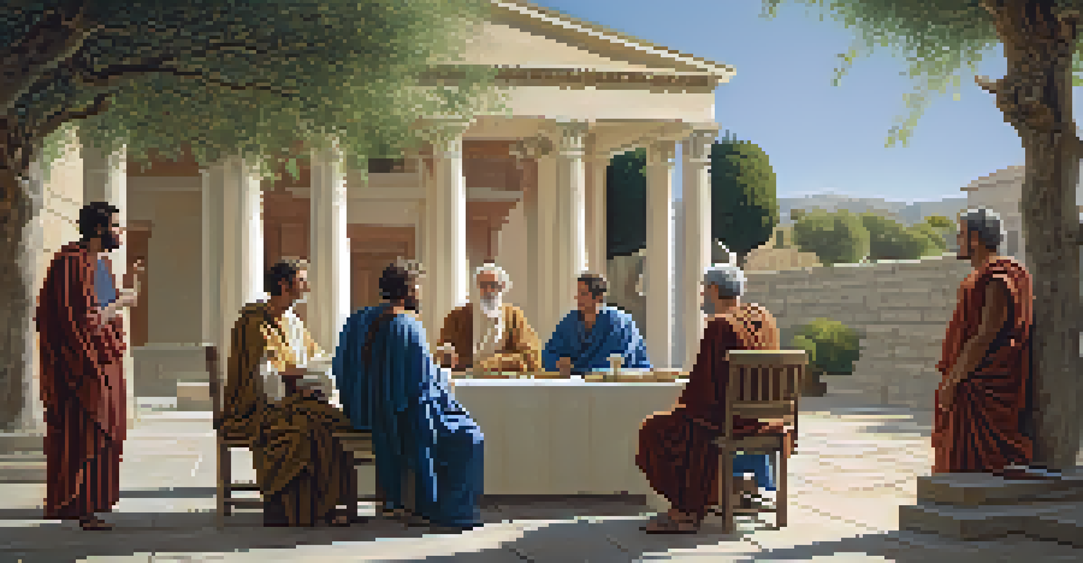 Ancient Greek philosophers debating ethics and vegetarianism in a sunlit courtyard, surrounded by olive trees and classical architecture.