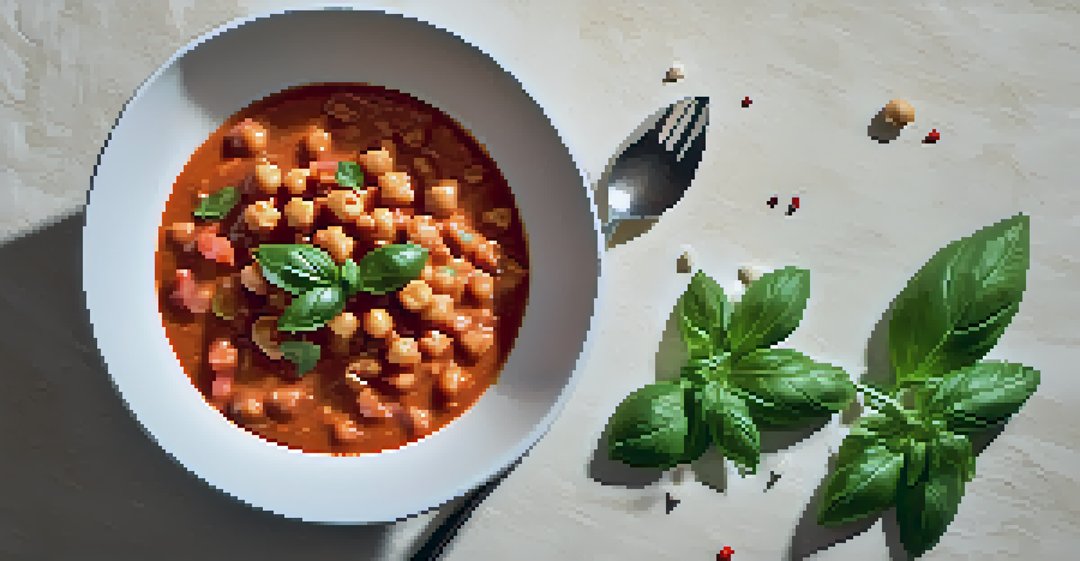 A beautifully presented bowl of creamy tomato and chickpea stew, garnished with basil, set against a softly lit kitchen backdrop.