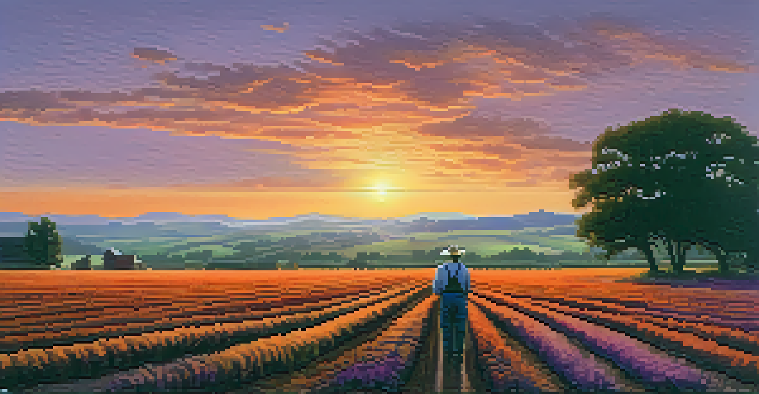 A picturesque sunset over a local farm, with rows of crops and a farmer working in the field.