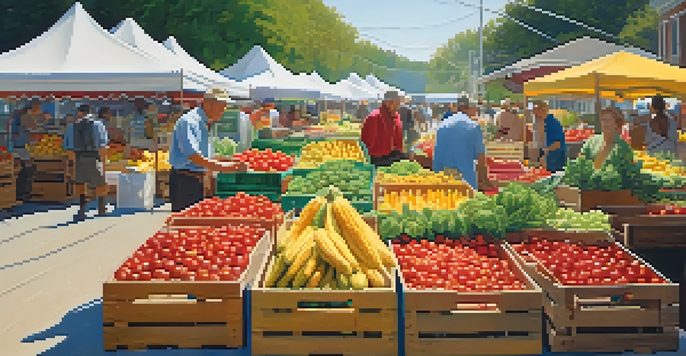 A bustling farmer's market filled with colorful fruits and vegetables, with families shopping and sunlight illuminating the scene.