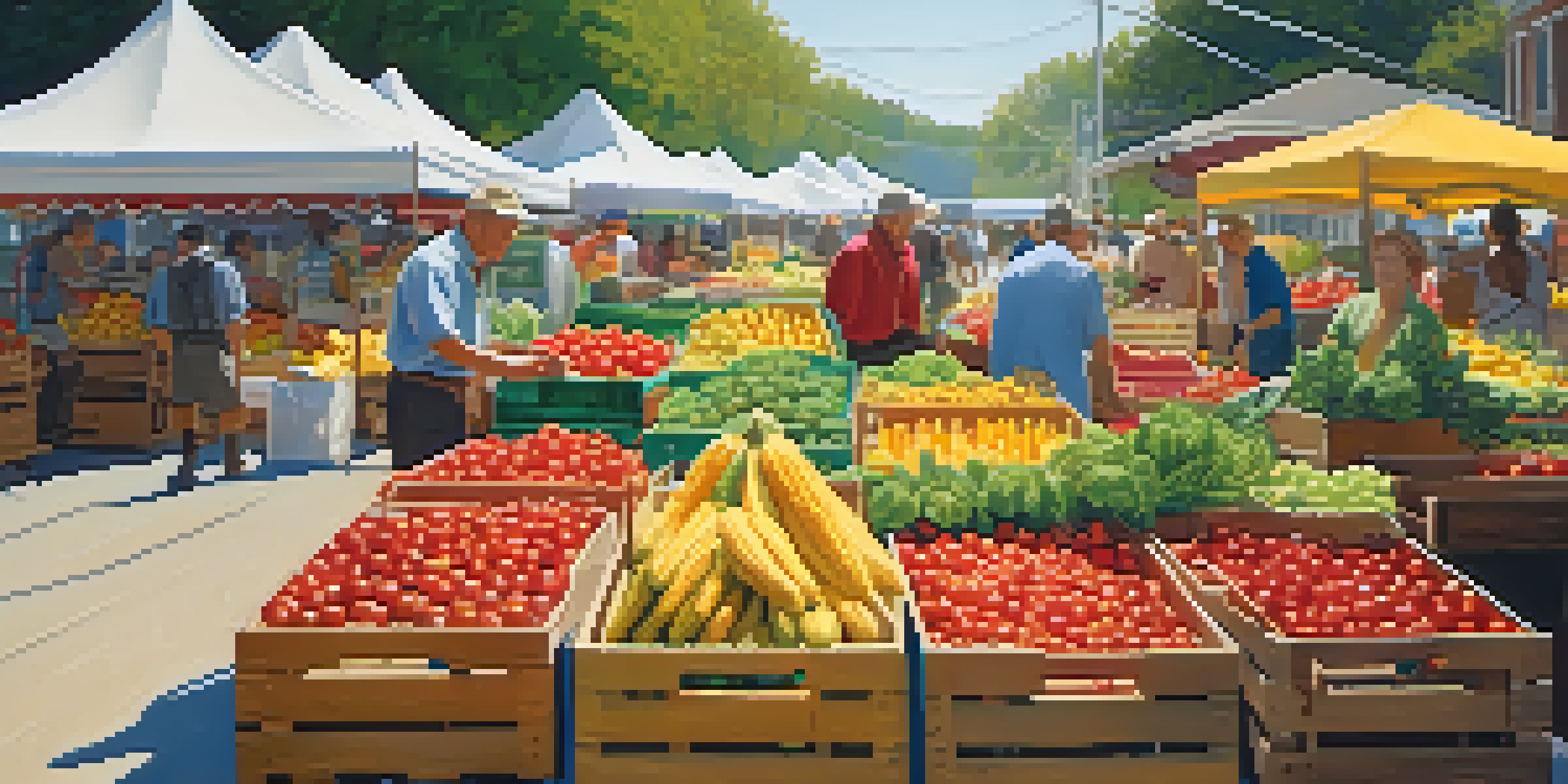 A bustling farmer's market filled with colorful fruits and vegetables, with families shopping and sunlight illuminating the scene.