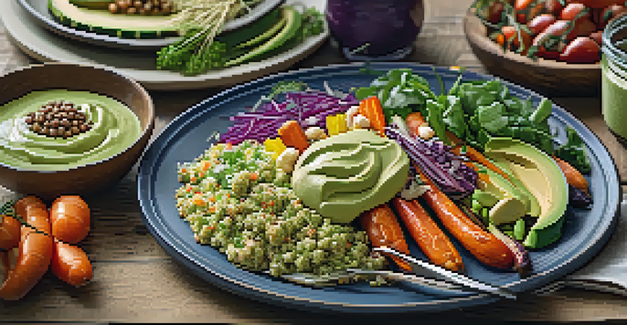 A colorful vegetarian meal with quinoa, roasted vegetables, and avocado dressing on a wooden table, illuminated by soft natural light.