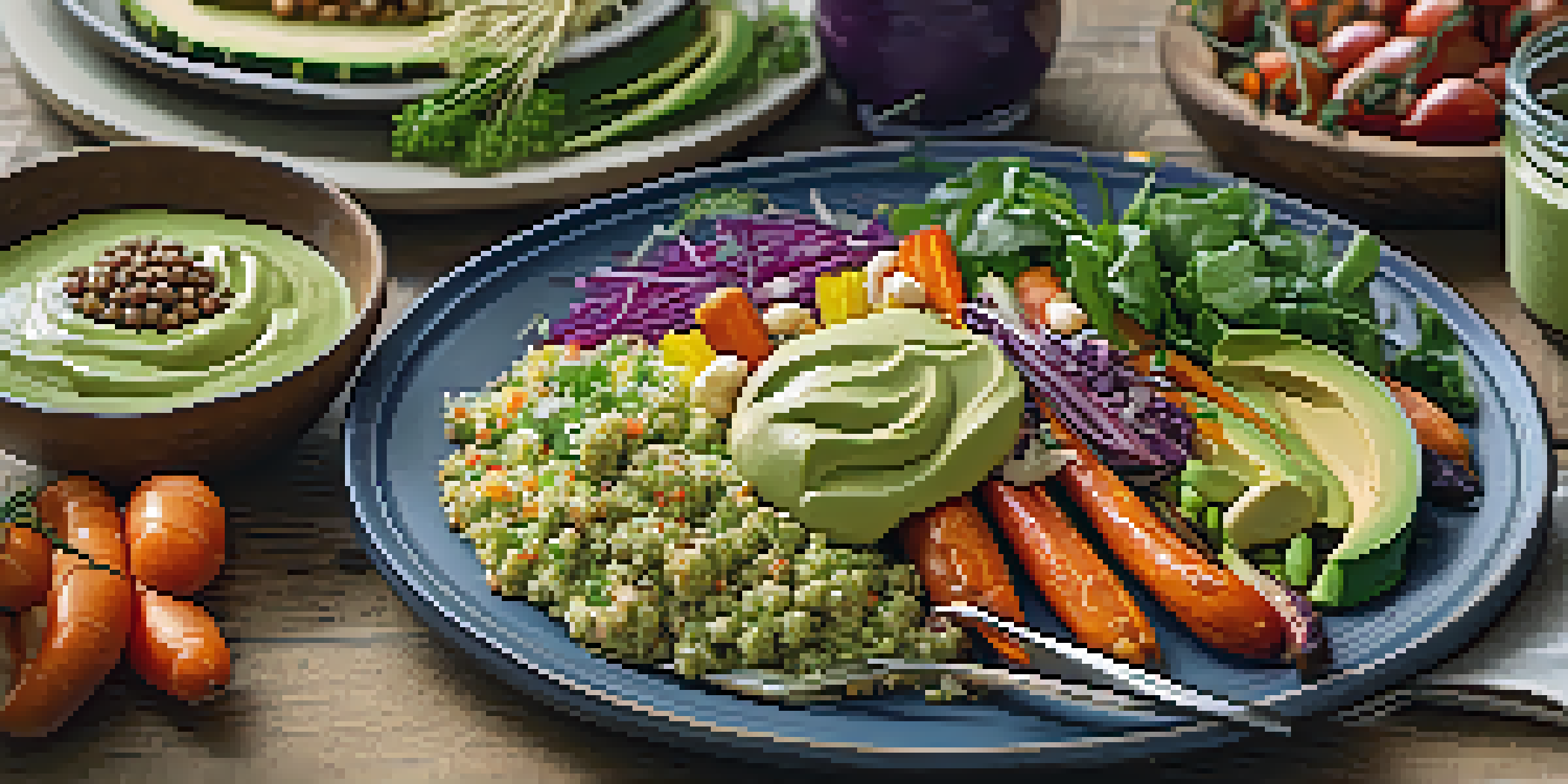 A colorful vegetarian meal with quinoa, roasted vegetables, and avocado dressing on a wooden table, illuminated by soft natural light.