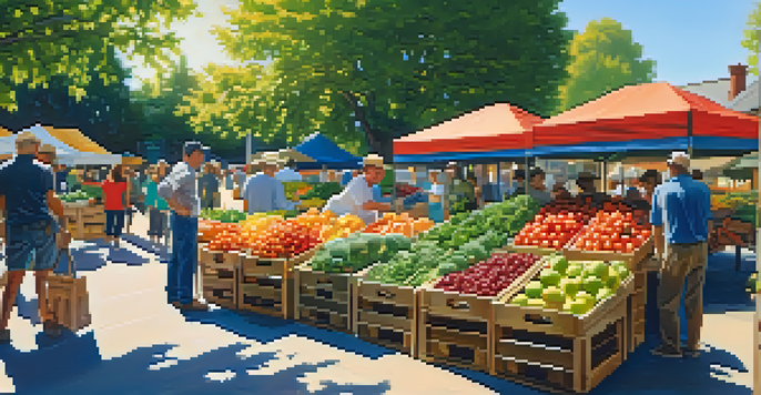 A bustling farmers' market filled with colorful fruits and vegetables, sunlight illuminating the scene, and shoppers engaging with vendors.