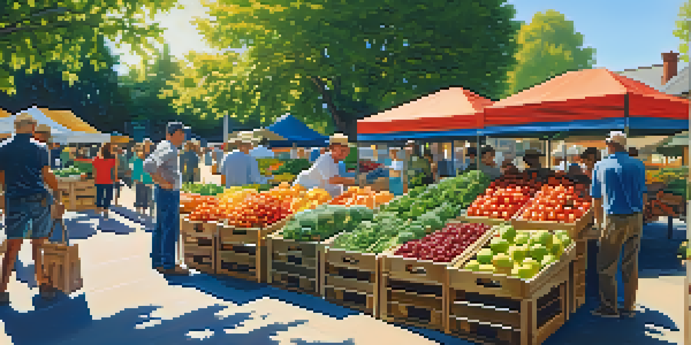 A bustling farmers' market filled with colorful fruits and vegetables, sunlight illuminating the scene, and shoppers engaging with vendors.