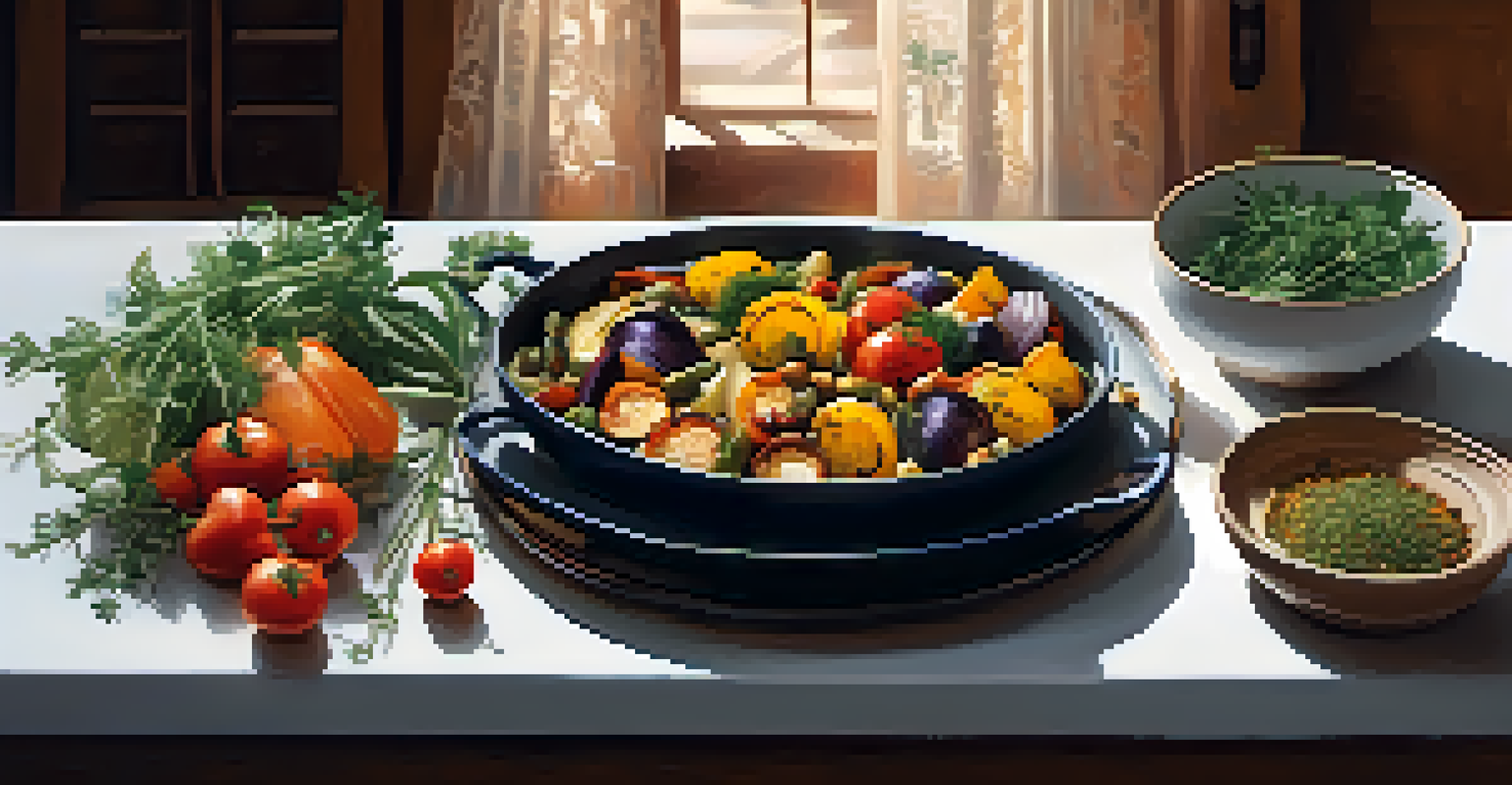 A beautifully arranged table with a vegetarian dish of roasted vegetables, garnished with herbs and surrounded by bowls of spices.