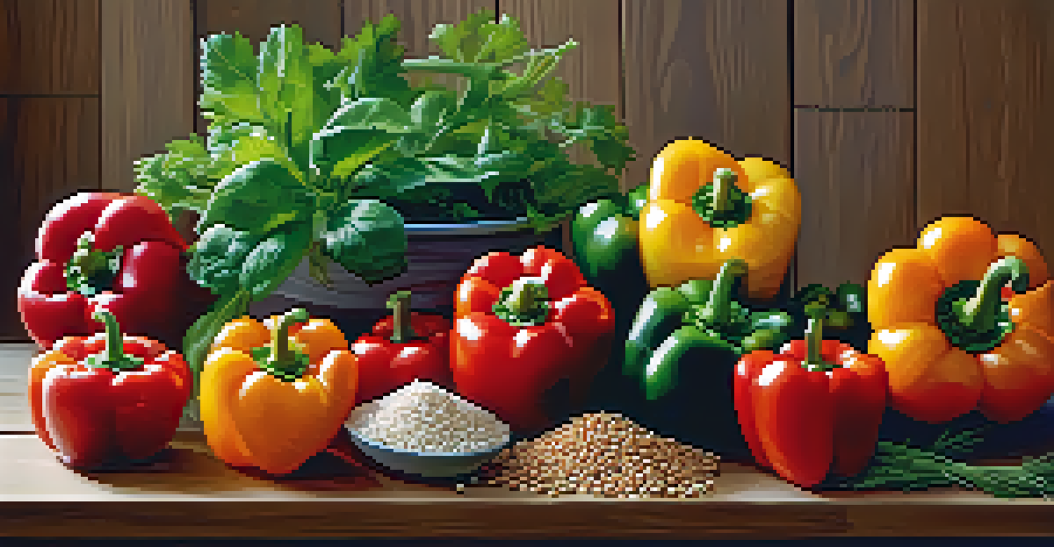 A close-up of various sustainable vegetarian ingredients on a wooden table, highlighting their colors and textures.