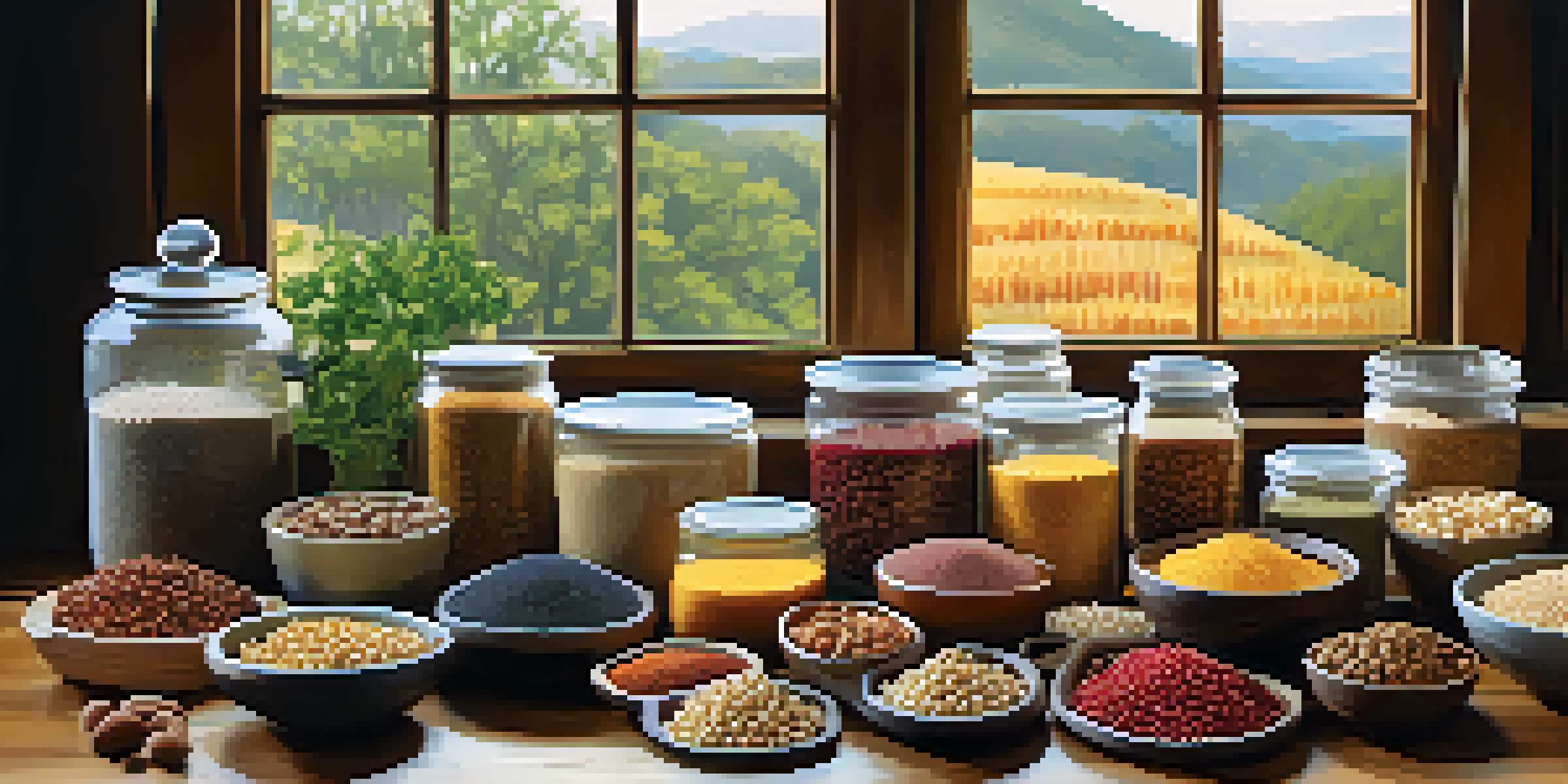 A colorful assortment of plant-based proteins including quinoa, lentils, and nuts displayed on a wooden table with natural light.