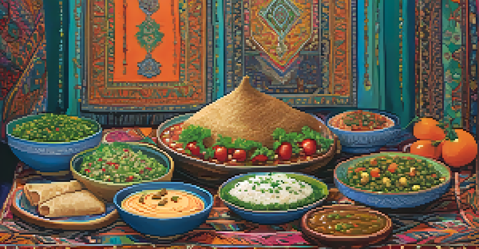 A beautifully arranged table showcasing a variety of Middle Eastern vegetarian dishes, with soft lighting creating a warm atmosphere.