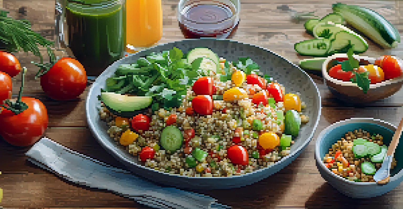 A flat lay of a wholesome vegetarian meal with quinoa salad, vegetable stir-fry, and fresh fruits on a rustic wooden table.