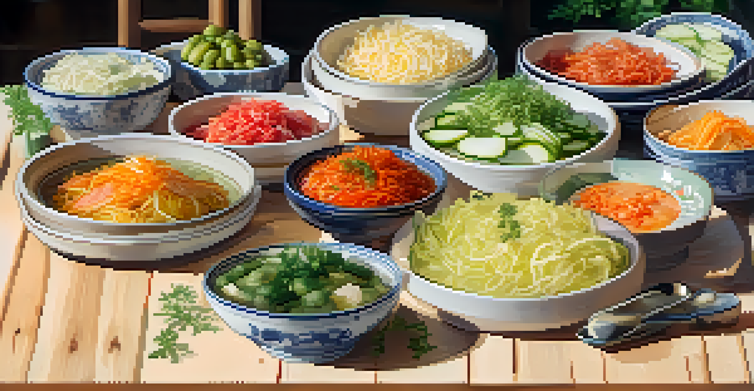A platter of assorted fermented foods like sauerkraut and pickles, arranged in colorful bowls with fresh herbs.