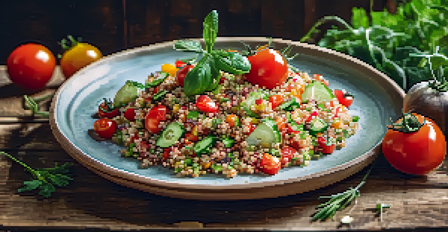 A beautifully presented vegetarian quinoa salad on a rustic wooden table, featuring bright vegetables and fresh herbs.