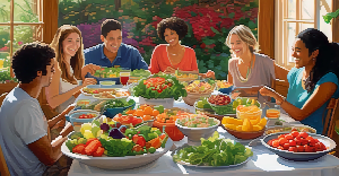 A lively potluck scene with a wooden table filled with colorful vegetarian dishes and diverse friends enjoying the meal.