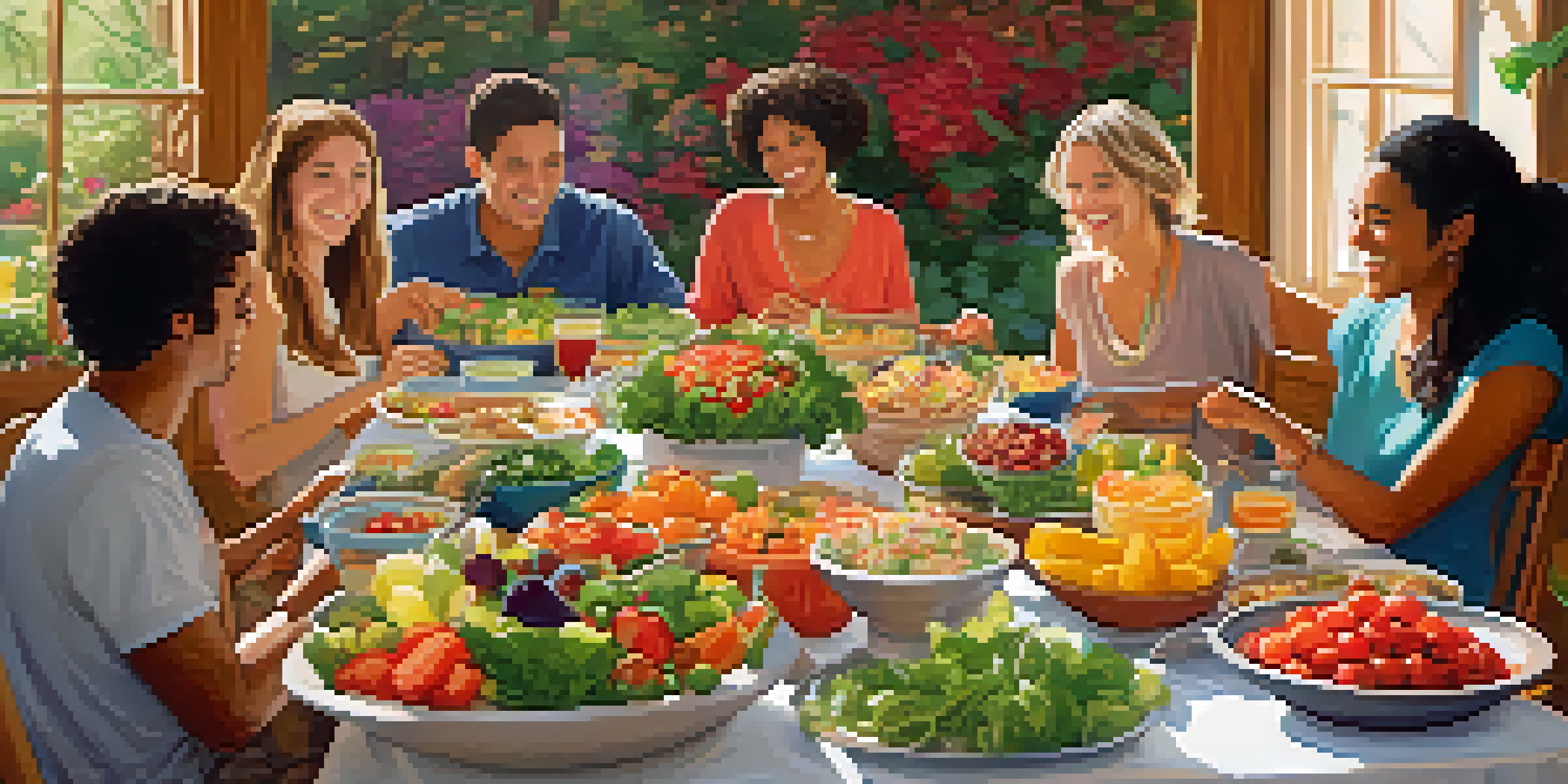 A lively potluck scene with a wooden table filled with colorful vegetarian dishes and diverse friends enjoying the meal.