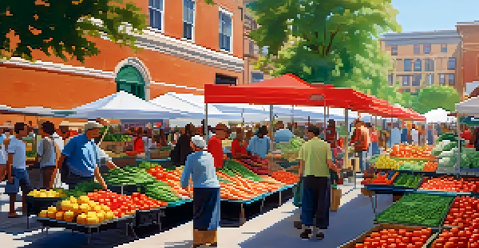 A busy farmer's market filled with fresh vegetables and fruits, with diverse people interacting under natural sunlight.