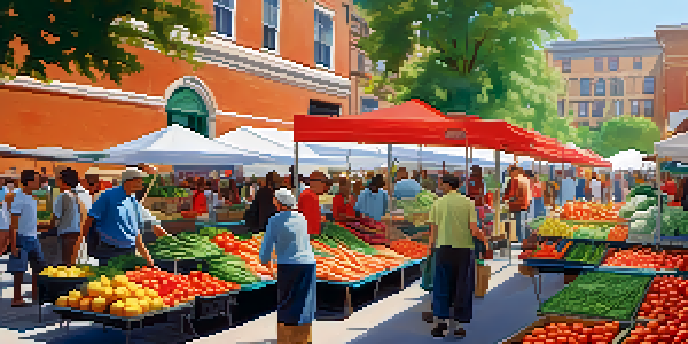 A busy farmer's market filled with fresh vegetables and fruits, with diverse people interacting under natural sunlight.