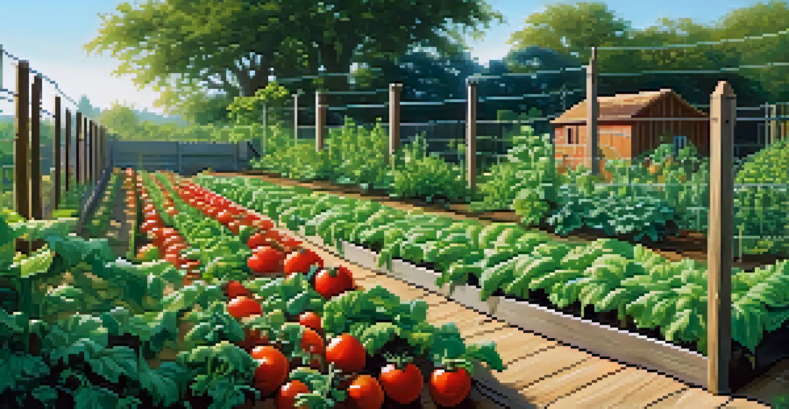 A lush organic vegetable garden with rows of green plants and a blue sky overhead.
