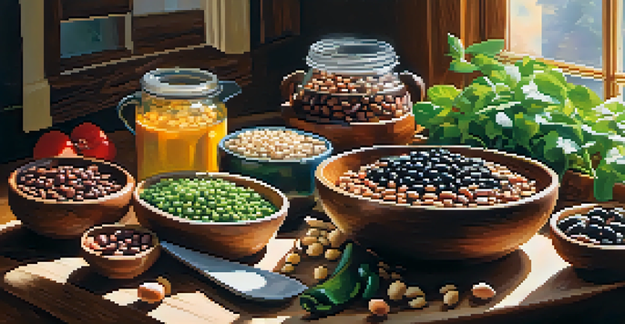 A wooden kitchen countertop showcasing various colorful beans and a mixed bean salad in a rustic bowl, illuminated by sunlight.