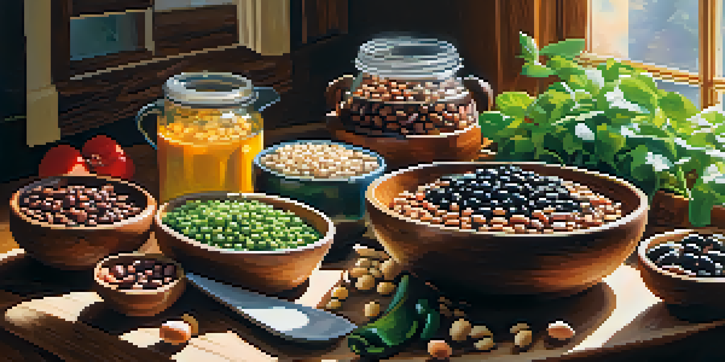 A wooden kitchen countertop showcasing various colorful beans and a mixed bean salad in a rustic bowl, illuminated by sunlight.