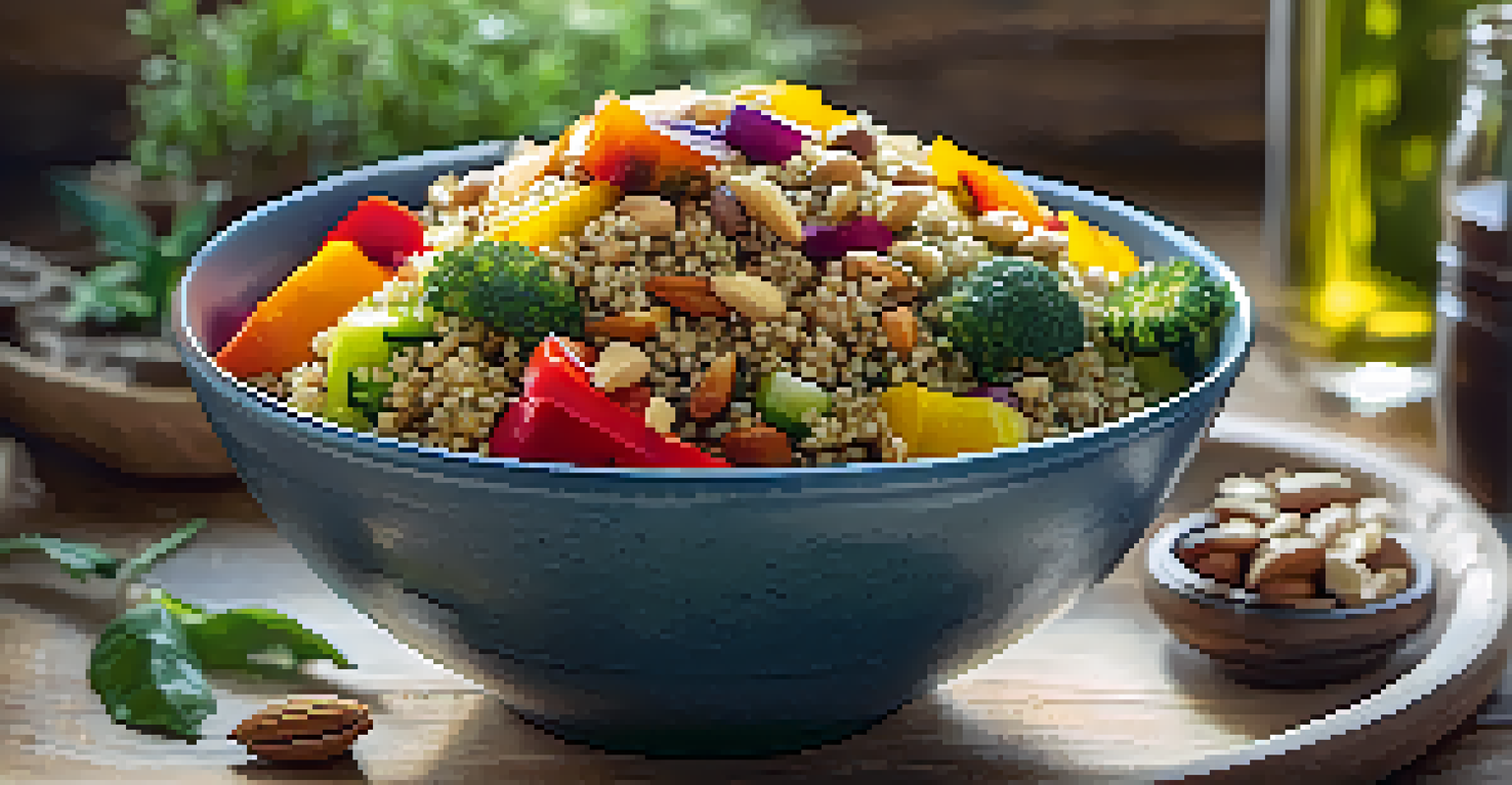 A quinoa bowl with roasted vegetables and nuts on a wooden table, illuminated by soft morning light.