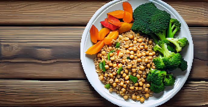 A colorful vegetarian meal with stir-fried vegetables, brown rice, and chickpeas on a wooden table.