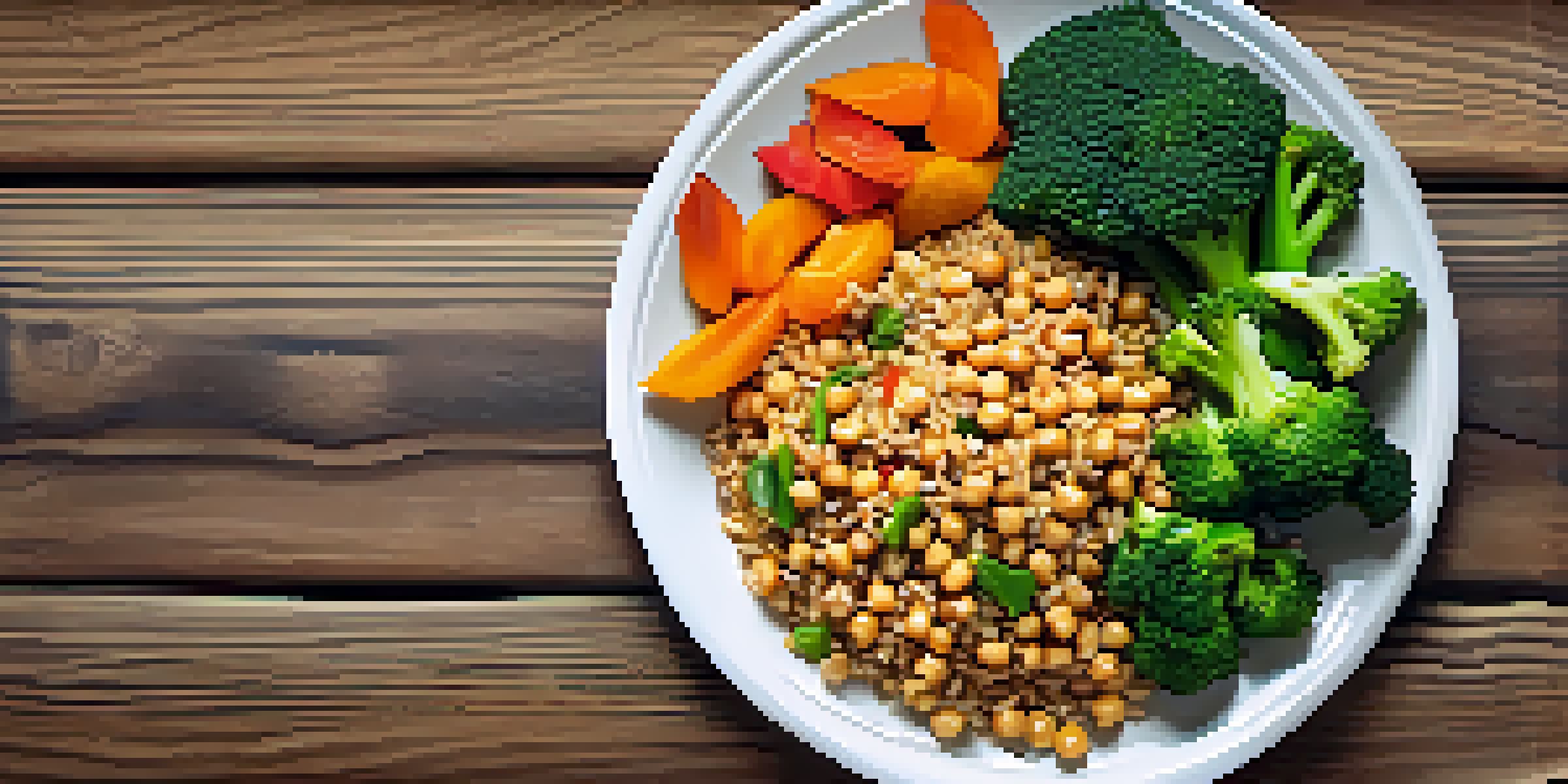 A colorful vegetarian meal with stir-fried vegetables, brown rice, and chickpeas on a wooden table.