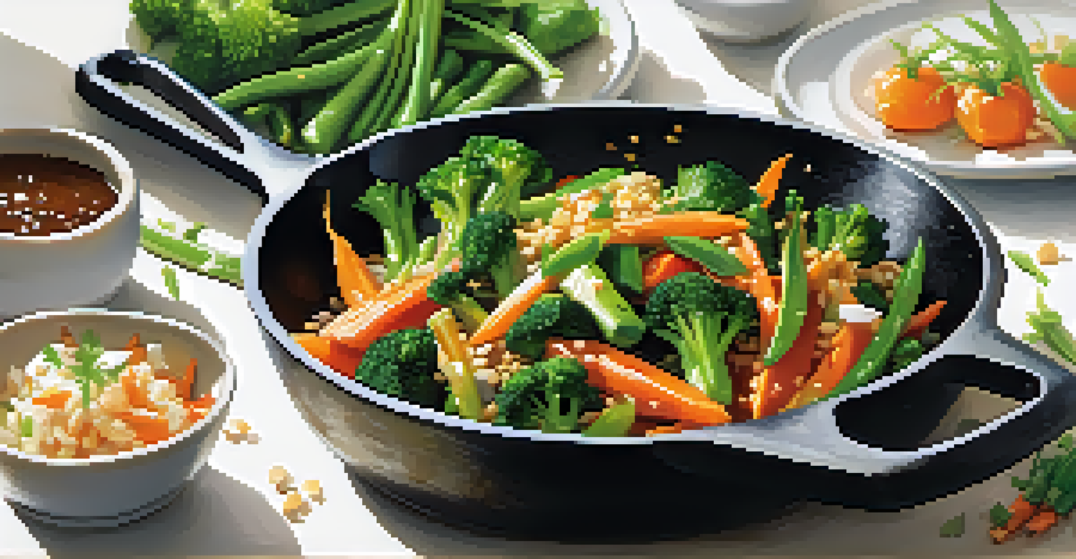 A colorful vegetable stir-fry in a skillet with broccoli, carrots, and snow peas, garnished with sesame seeds.
