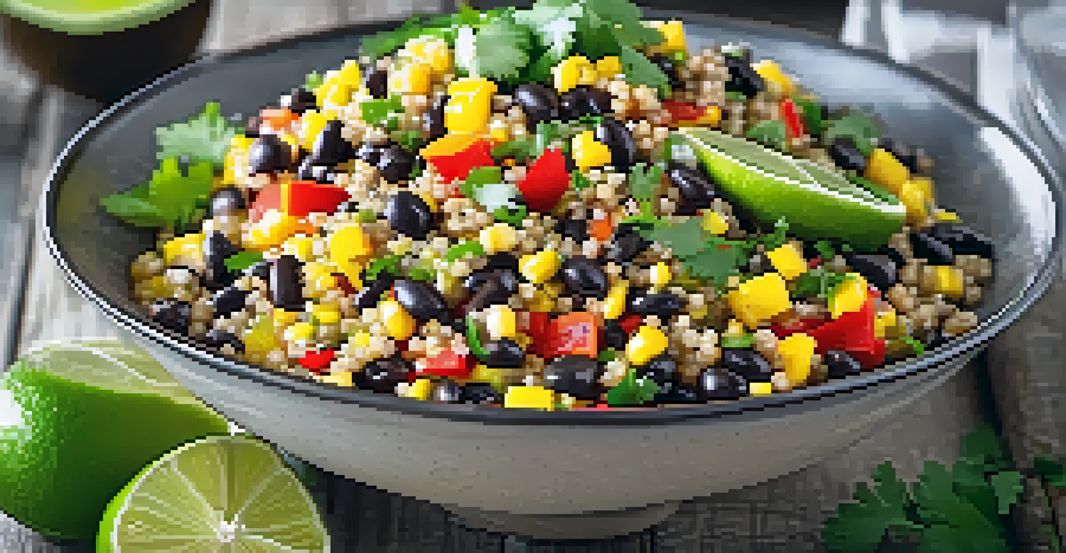 A quinoa salad with black beans, corn, and bell peppers, presented in a rustic bowl on a wooden table.
