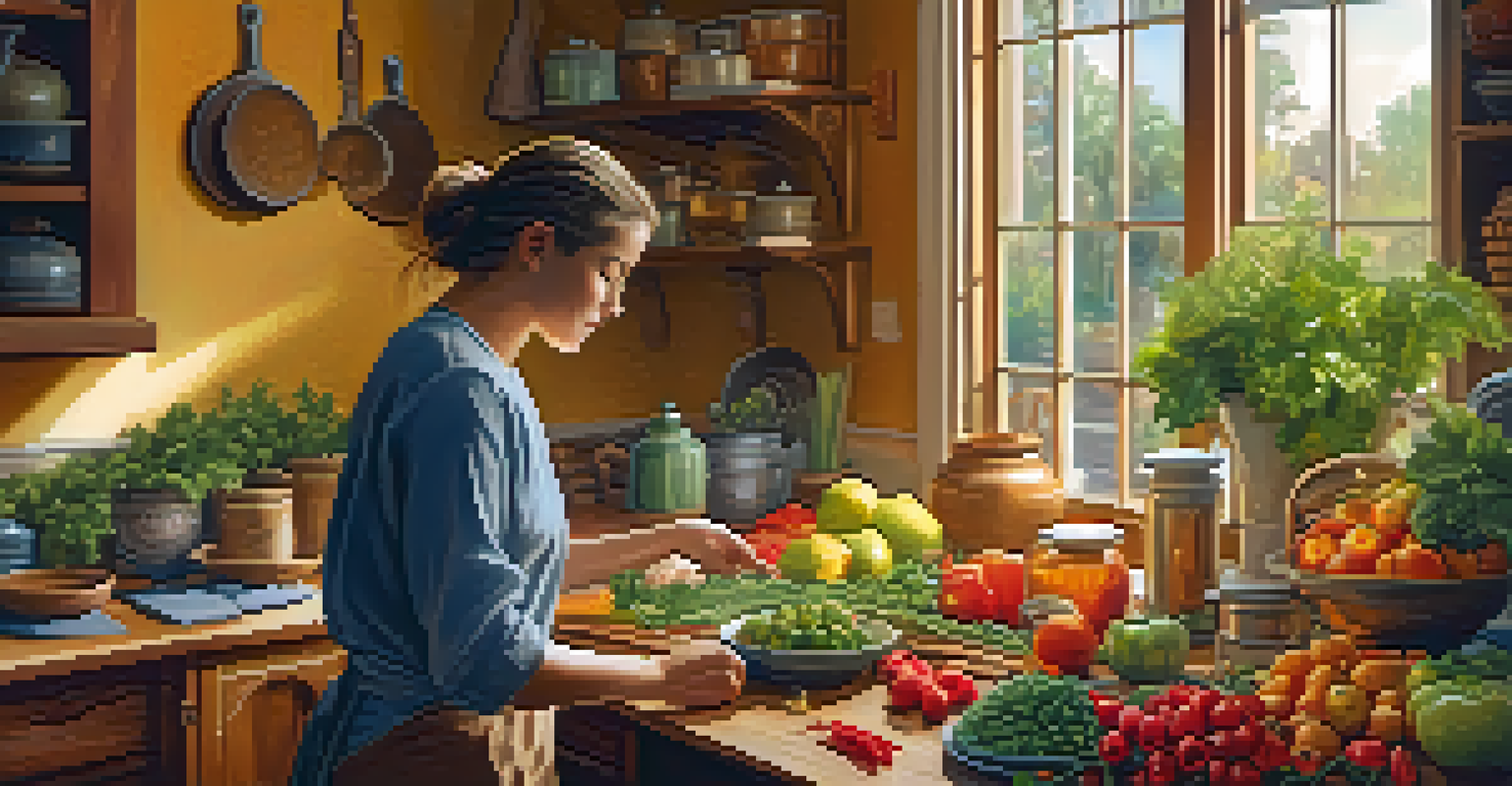 A person chopping vegetables in a cozy kitchen filled with fresh ingredients, spices, and warm lighting.