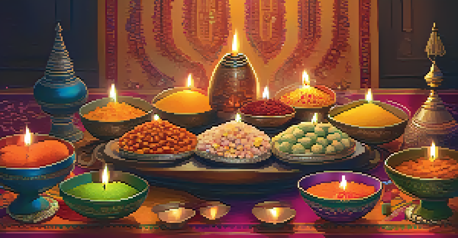A festive display of Indian sweets and diyas during Diwali, with colorful decorations creating a joyful atmosphere.