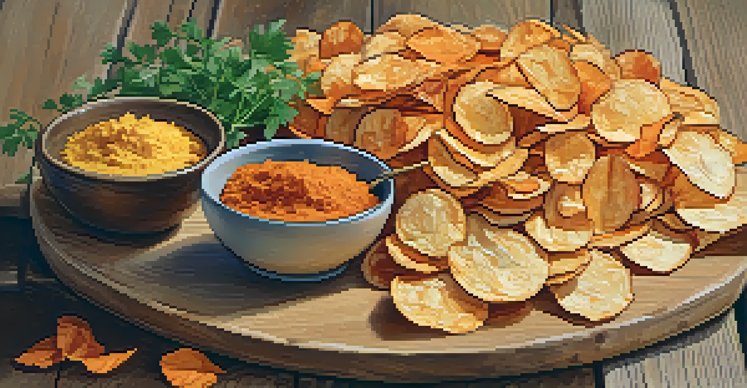 A platter of golden vegetable chips with a bowl of hummus and herbs, beautifully arranged.