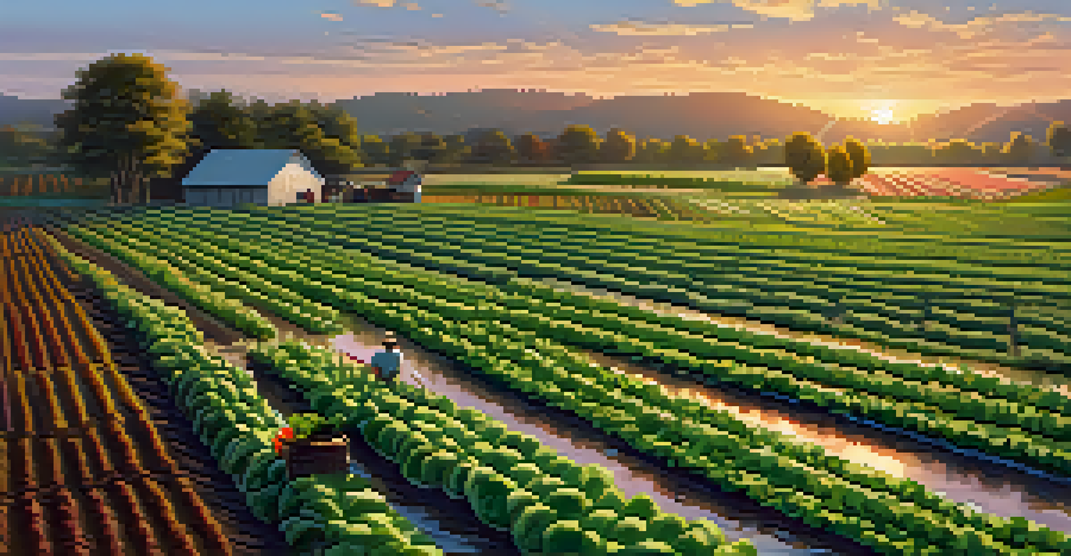 A peaceful vegetable farm at sunset with rows of crops and a farmer working in the field.