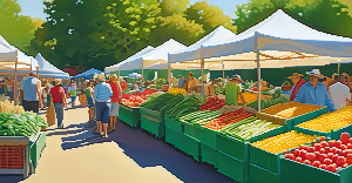 A bustling farmer's market with colorful fruits and vegetables, customers engaging with farmers under the warm summer sun.