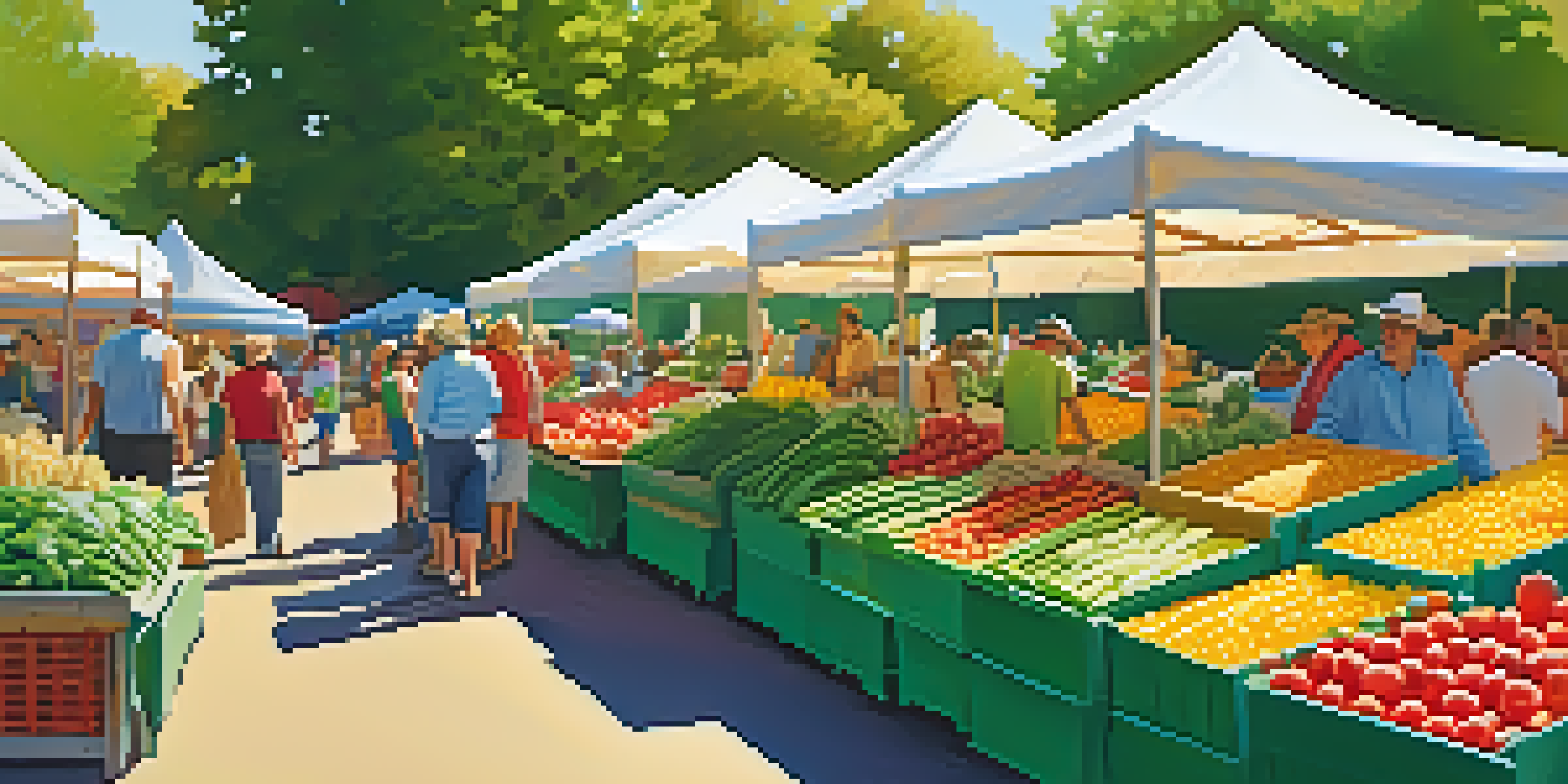 A bustling farmer's market with colorful fruits and vegetables, customers engaging with farmers under the warm summer sun.