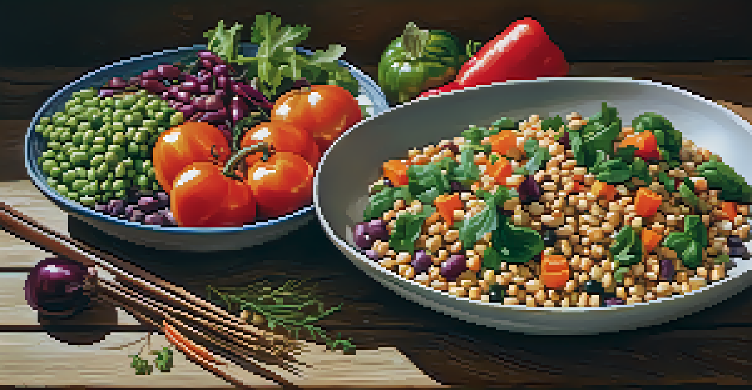 A colorful vegetarian dish with seasonal vegetables, grains, and legumes displayed on a rustic wooden table in natural light.